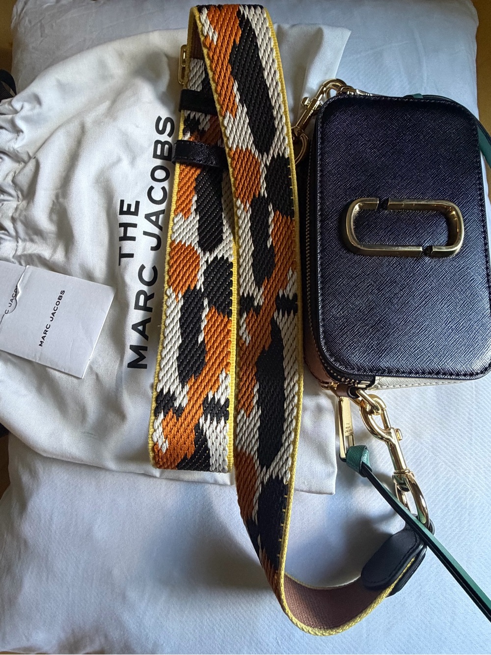 Marc Jacobs Black Saffiano Crossbody Camera Bag with Orange, Cream & Black Strap